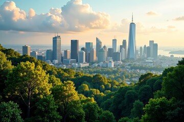 Obraz premium Vibrant city skyline blend with lush forest, urban nature concept, cityscape, double exposure, architecture