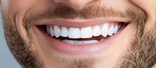 Obraz premium Man smiling showing healthy white teeth and gums, close-up view