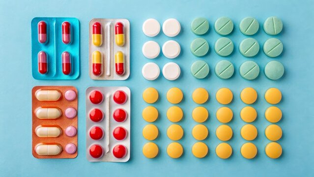 There are various medications on a blue background, including multicolored capsules and tablets. This image reflects the variety of drugs used in medicine and pharmaceuticals.