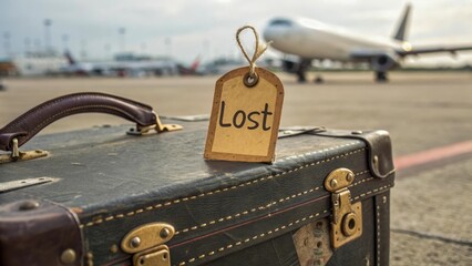 An old suitcase with a "lost" tag symbolizes lost luggage. The image evokes feelings of nostalgia and anxiety. Suitable for travel and logistics issues.