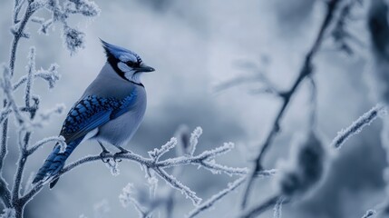 Blue Jay Perched Gracefully on a Frosty Winter Branch in a Quiet Snow-Covered Forest