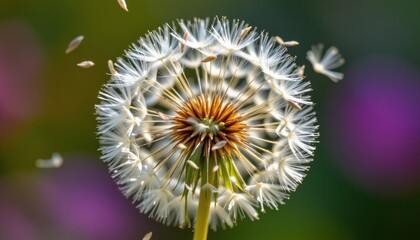 dandelion explosion a close up of a dandelion bursting open, seeds flying in all directions, set against a soft focus background.