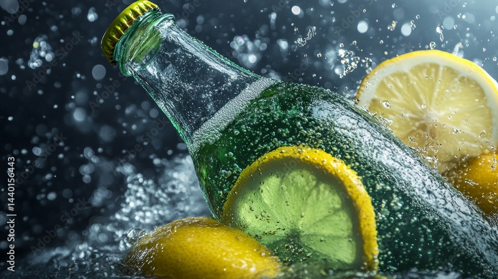 Poster a bottle of soda with a green cap and a lemon slice in it