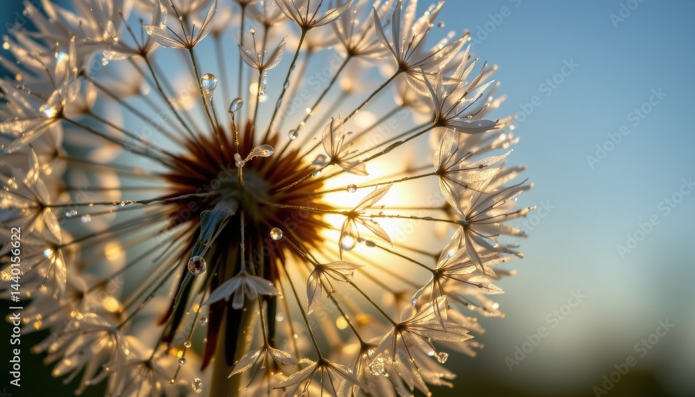 Poster nature close up a macro shot of a dewy dandelion at dawn, with sunlight creating a shimmering effect