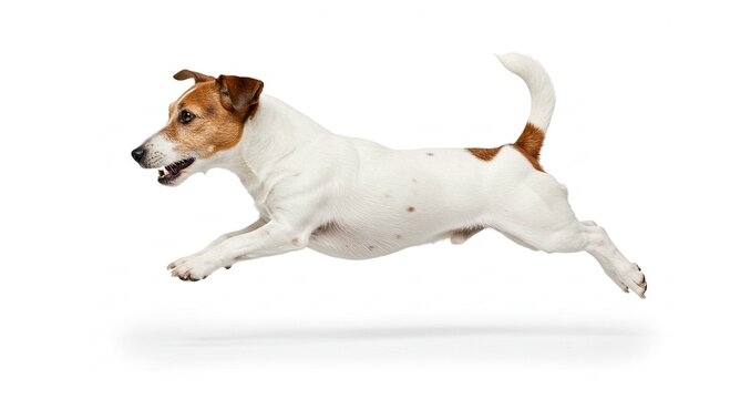 Energetic Jack Russell Terrier Dog Running Jumping Full Body White Background