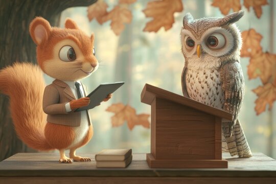 A dapper squirrel presents a report to a wise owl in an autumnal forest setting.