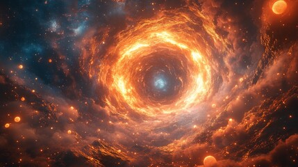 Fototapeta premium A bright orange cloud in the sky with stars and planets in the background