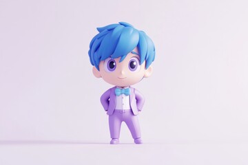 A cute 3D rendered boy with blue hair, wearing a purple suit and bow tie, stands confidently.