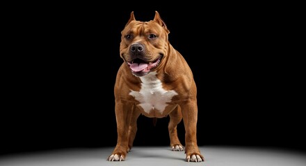 Powerful Muscular American Bully Dog Breed Studio Portrait on Black Background