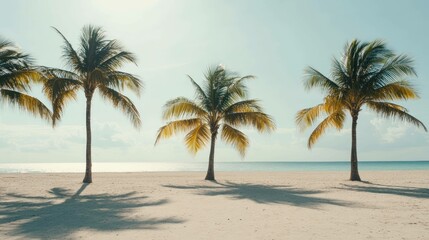 A tranquil beach scene with palm trees swaying by the ocean and white sand.