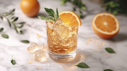 Fototapeta premium Orange cocktail, marble, ice, garnish, drink menu