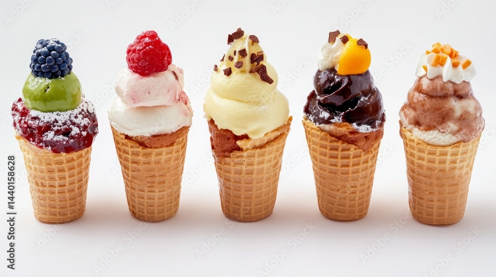 Poster Five different flavored ice cream cones in a row