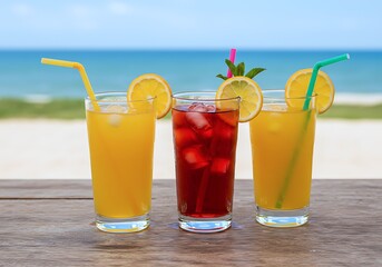 Obraz premium Refreshing summer cocktails on a beachside table with ocean view during a sunny day