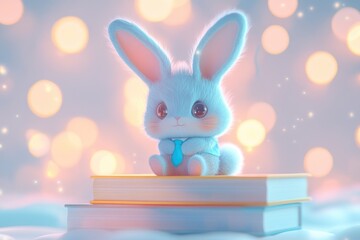 Fototapeta premium Adorable fluffy blue bunny in a tiny tie sits atop a stack of books against a soft, bokeh background.