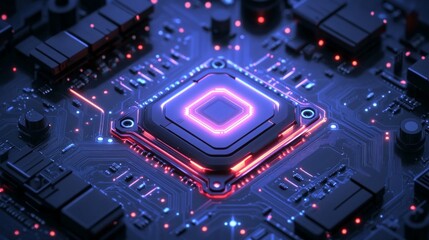 A computer chip with a red square on it