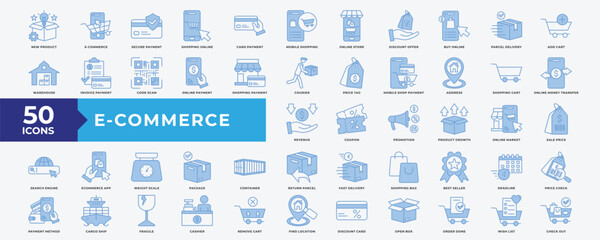 E-commerce icon set with new product, secure payment, shopping online, card payment, mobile shopping, online store, discount offer, buy online, parcel delivery, add cart, warehouse and best seller