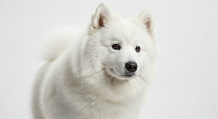 Adorable White Samoyed Dog Portrait Fluffy Fur Studio Shot