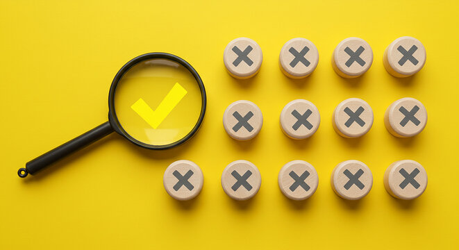 Magnifying glass with check mark and wooden circles with x marks on a bright yellow background view from above