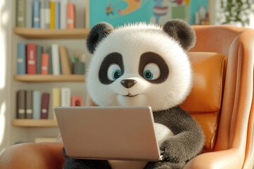 Fototapeta premium Adorable panda bear sits in an armchair using a laptop, enjoying a cozy workspace.
