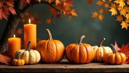 Vibrant fall arrangement with pumpkins, gourds, autumn foliage, and candles on wooden table, autumnal, warm, Thanksgiving Day