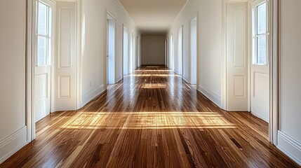 Obraz premium Long corridor. Sunlight on wood floor, white doors/walls
