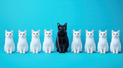 Black cat among white cats on a blue background.