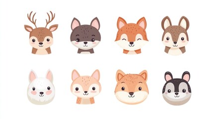 Obraz premium Cartoon heads of cute forest animals in a row on white background for children's book