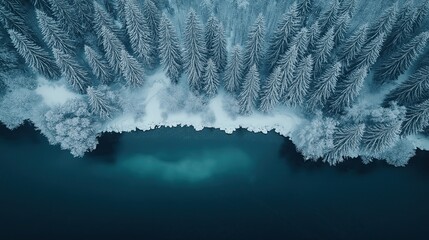 Winter scene of a snowy forest near the lake.
