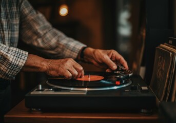 Senior hands adjusting vinyl record on turntable in a cozy room