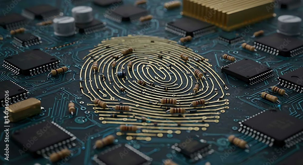 Poster close up view of a circuit board with a golden fingerprint design. concept of digital identity secur