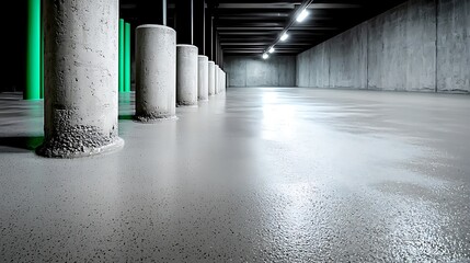Empty, concrete structure with pillars and lighting on wet floor