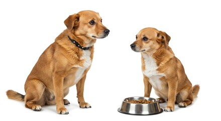 Two Adorable Brown Dogs Sitting by Food Bowl Studio Shot Pet Portraits Canine Companions