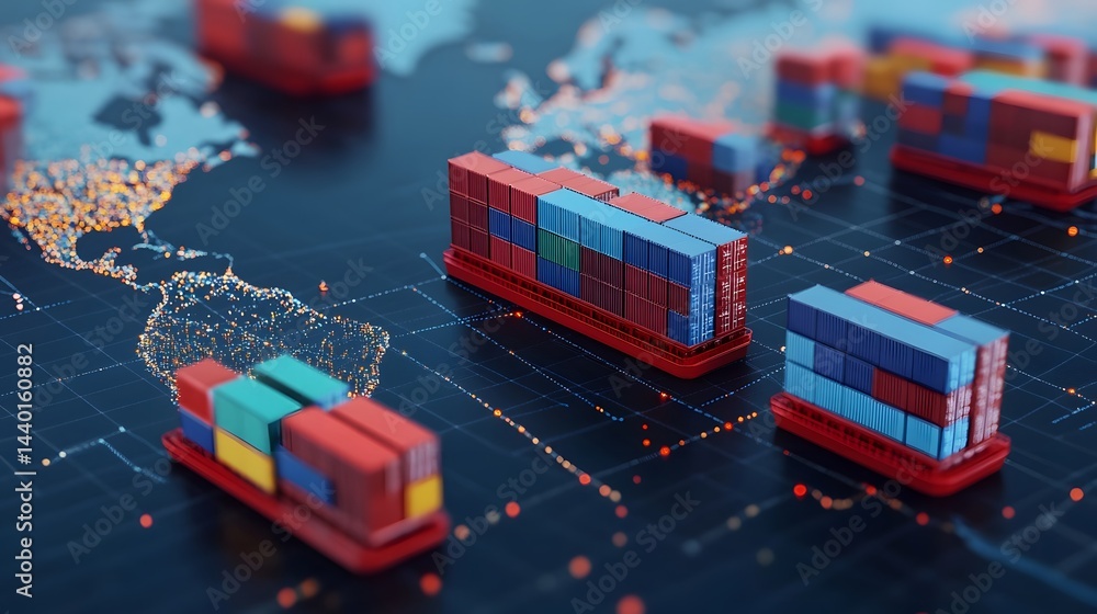 Poster global commerce and transportation network visualized on digital world map