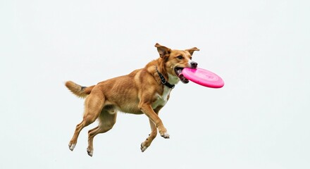 Energetic Brown Dog Leaping Mid Air Catching Pink Flying Disc