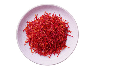Saffron spice threads (strands) isolated on white background