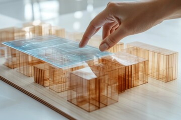 A hand interacts with a transparent architectural model, overlaid with a digital blueprint, showcasing innovative design and technology.