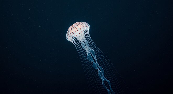 Swimming jellyfish with flowing tentacles in dark ocean water environment
