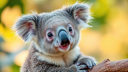Fototapeta premium A Tiny Koala Cub, Eyes Full of Curiosity, Gazing Directly at the Viewer.