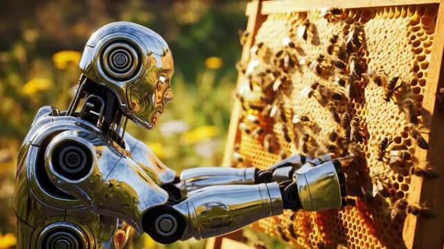 A robot carefully manages a honeycomb filled with busy bees in a lush garden as the sun sets, highlighting the intricate relationship between technology and nature.