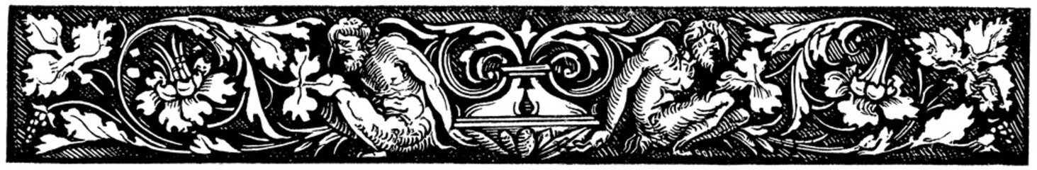 German decorative border in Renaissance style after Burgkmair, intricate vintage book ornament. Publication of the "Meyers encyclopedia", Vol. 6, Leipzig, Germany, 1910.