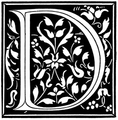 Italian Renaissance initial letter "D", ornate vintage book illustration with decorative elements. Publication of the "Meyers encyclopedia", Vol. 6, Leipzig, Germany, 1910.