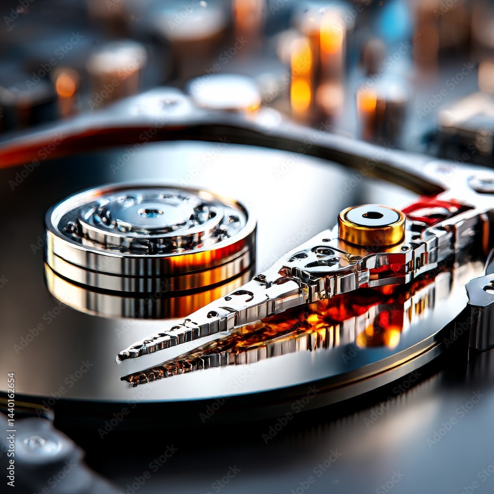 Poster Close-up of a Hard Disk Drive Platter and Read/Write Head Arm with Reflections, showing the intricacies of data storage technology.