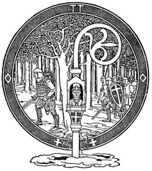 Ornate chapter title design in historicist style, vintage book illustration from Berlin. Publication of the "Meyers encyclopedia", Vol. 6, Leipzig, Germany, 1910.