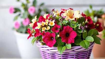 Fototapeta premium Two-toned Zauschneria and Prunus in Purple Wicker Planter, Copy Space