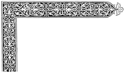 Black and white Venetian book decoration with border design (1478), vintage book illustration. Publication of the "Meyers encyclopedia", Vol. 6, Leipzig, Germany, 1910.