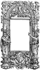 Black and white title page by H. Holbein, German Renaissance style, vintage book illustration from around 1540. Publication of the "Meyers encyclopedia", Vol. 6, Leipzig, Germany, 1910.