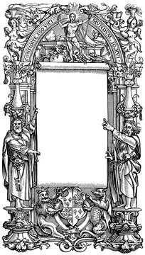 Black and white title page by H. Holbein, German Renaissance style, vintage book illustration from around 1540. Publication of the "Meyers encyclopedia", Vol. 6, Leipzig, Germany, 1910.