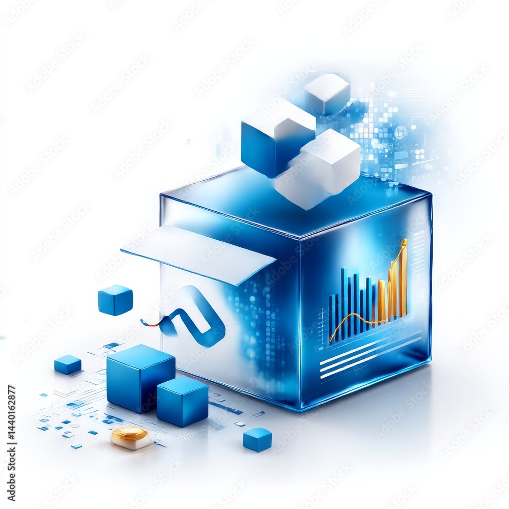 Poster Data Analytics Visualization: Conceptual Illustration of Cube Displaying Business Statistics and Digital Connections.