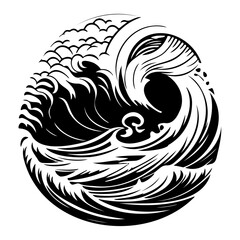 Stylized Ocean Wave Circle: Dynamic Black and White Water Motif Illustration