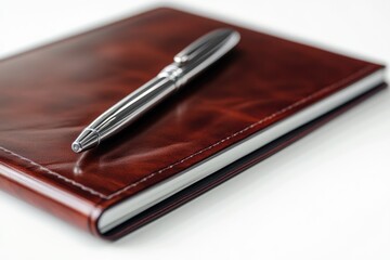 A silver pen rests on a closed, rich brown leather-bound notebook, suggesting elegance and readiness for writing.